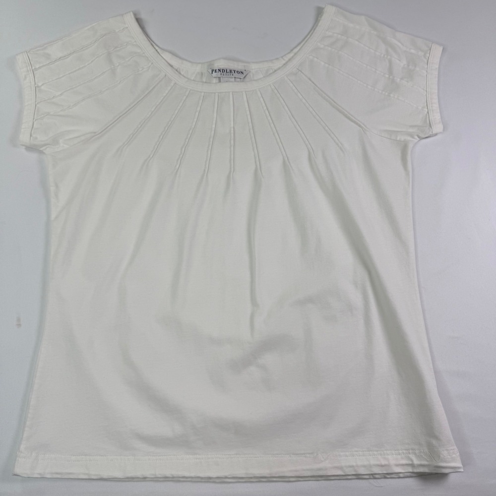 Pendleton Petite White Pima Cotton Pintuck Scoop Neck Short Sleeve Top Large